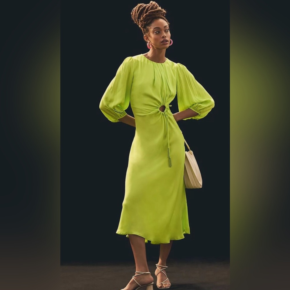 Farm Rio LIME GREEN CUTOUT TIE RUCHED MIDI DRESS